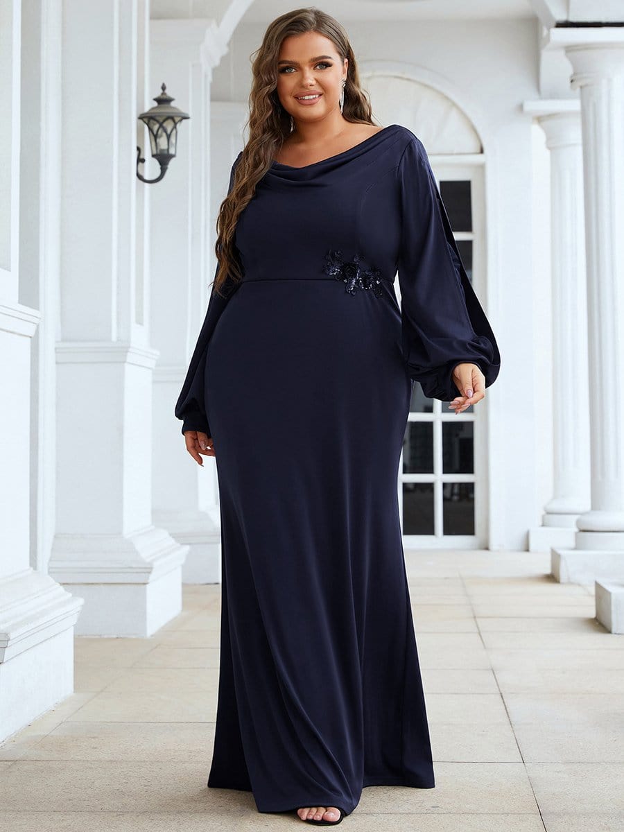 Long Sleeve Cowl Neck Fit and Flare Mother of the Bride Dress