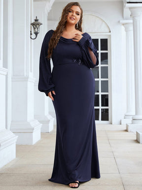 Cowl Neck Fit and Flare Wedding Guest Dress with Long Sleeves