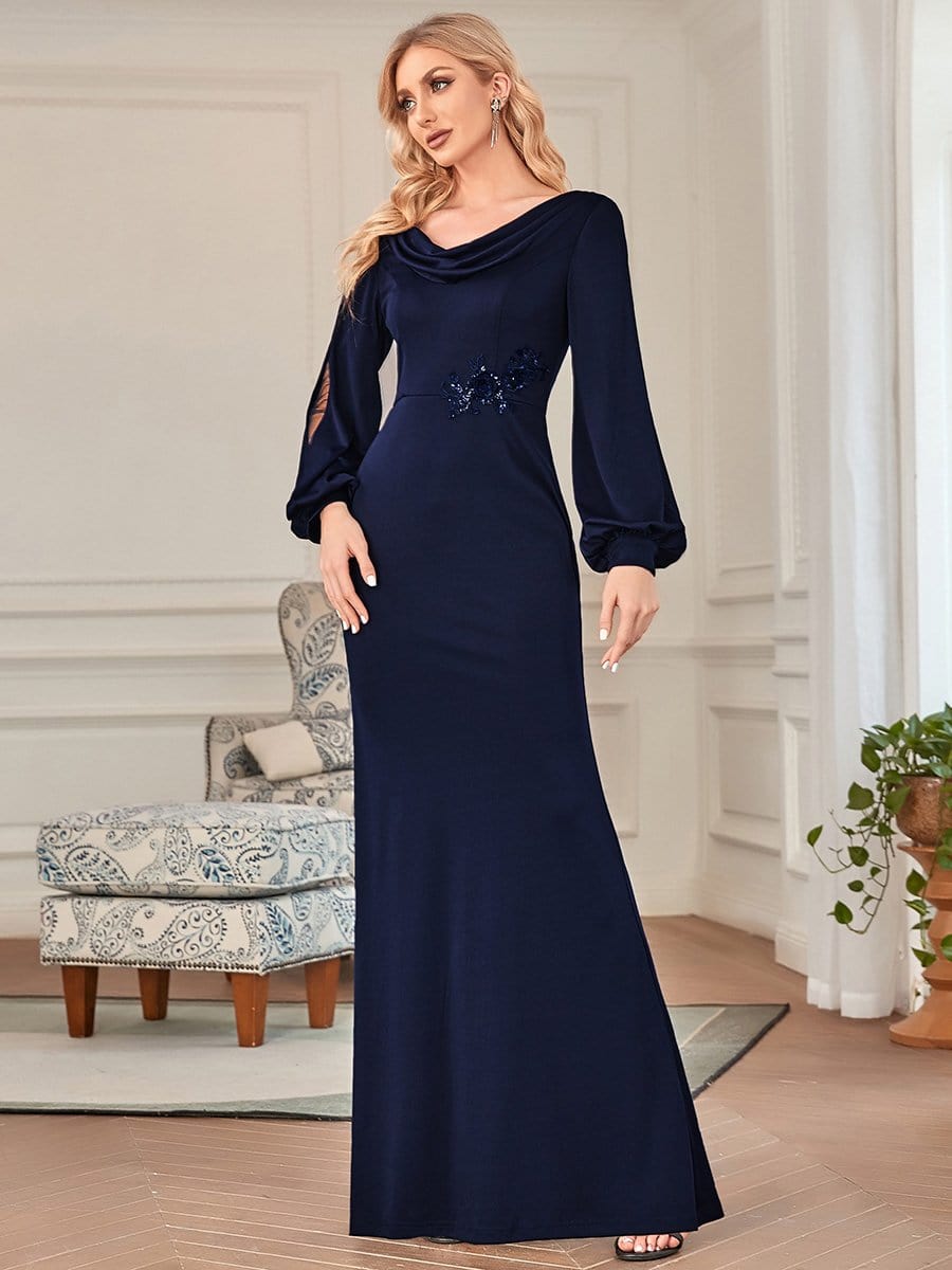Long Sleeve Cowl Neck Fit And Flare Mother Of The Bride #color_Navy Blue