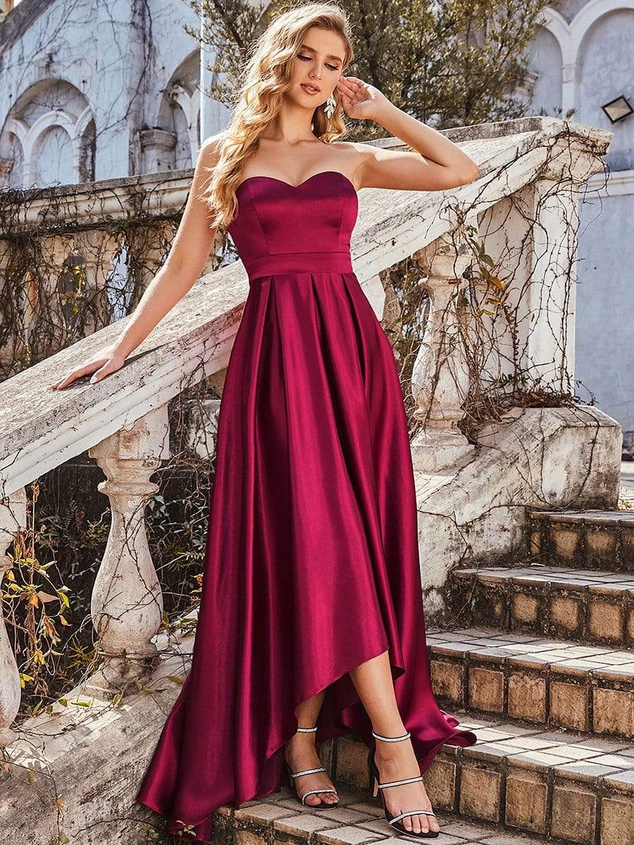 Custom Size Sexy Sweetheart Neck Strapless Prom Dress with Asymmetrical Hem #color_Burgundy