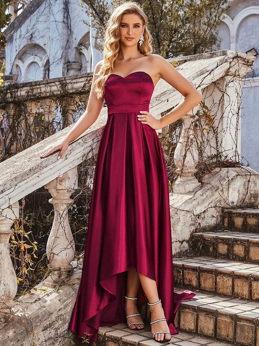 Custom Size Sexy Sweetheart Neck Strapless Prom Dress with Asymmetrical Hem #color_Burgundy