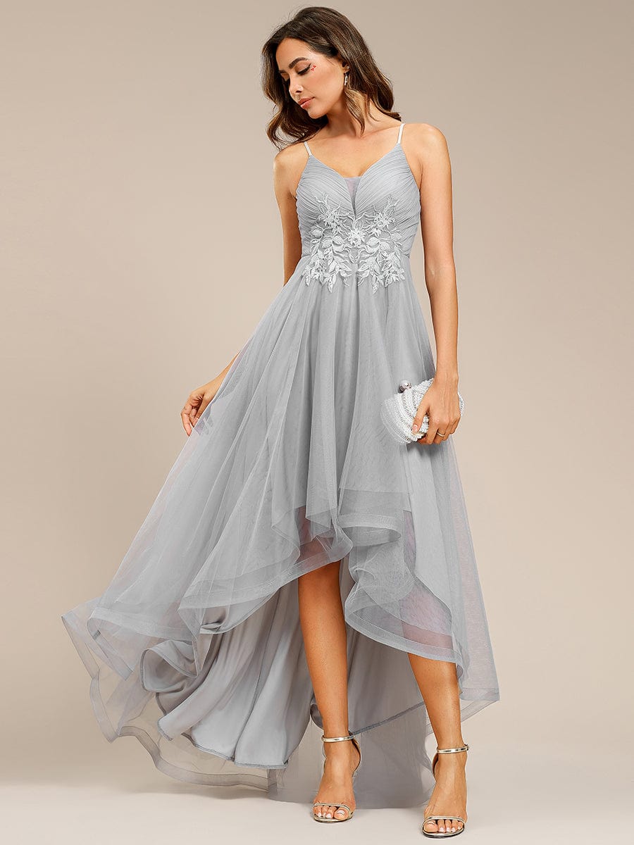 Chic and Stylish Sleeveless Prom Dress with High-Low Hemline #Color_Grey