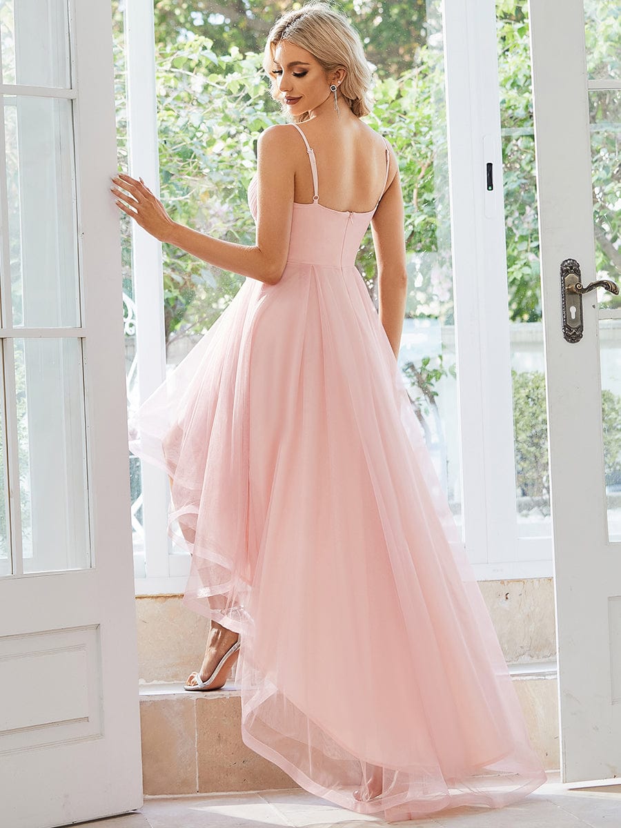 Chic and Stylish Sleeveless Prom Dress with High-Low Hemline #Color_Pink