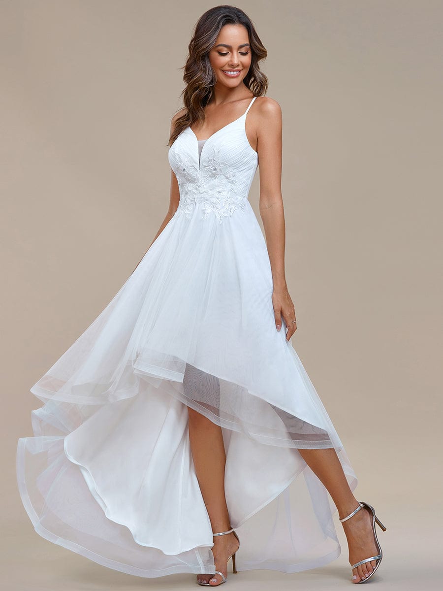 Chic and Stylish Sleeveless Prom Dress with High-Low Hemline #Color_White