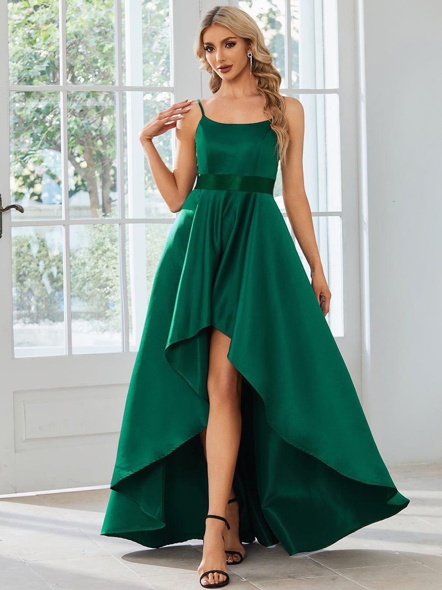 Simple Satin High Low Prom Dress with Spaghetti Straps #Color_Dark Green