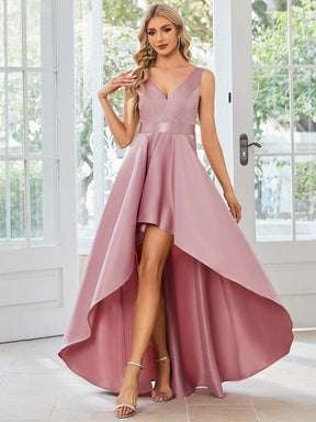 Glamorous V-Neck High Low Prom Dress with High Waist