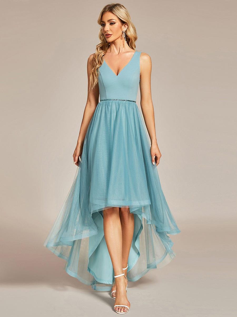 Sleeveless Tulle High Low Prom Dress #color_Light Teal