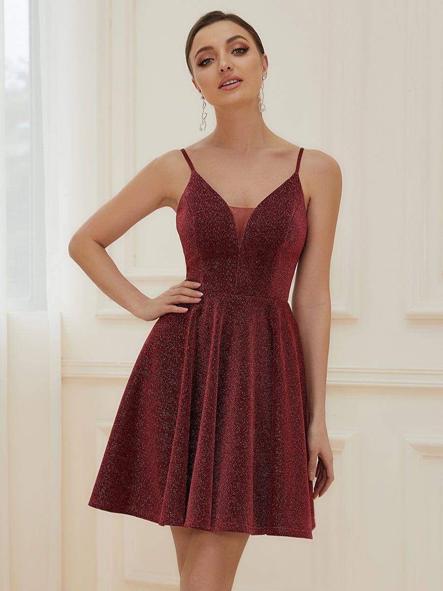 Fancy Shiny Deep V Neck Above Knee Length Prom Dress #color_Burgundy