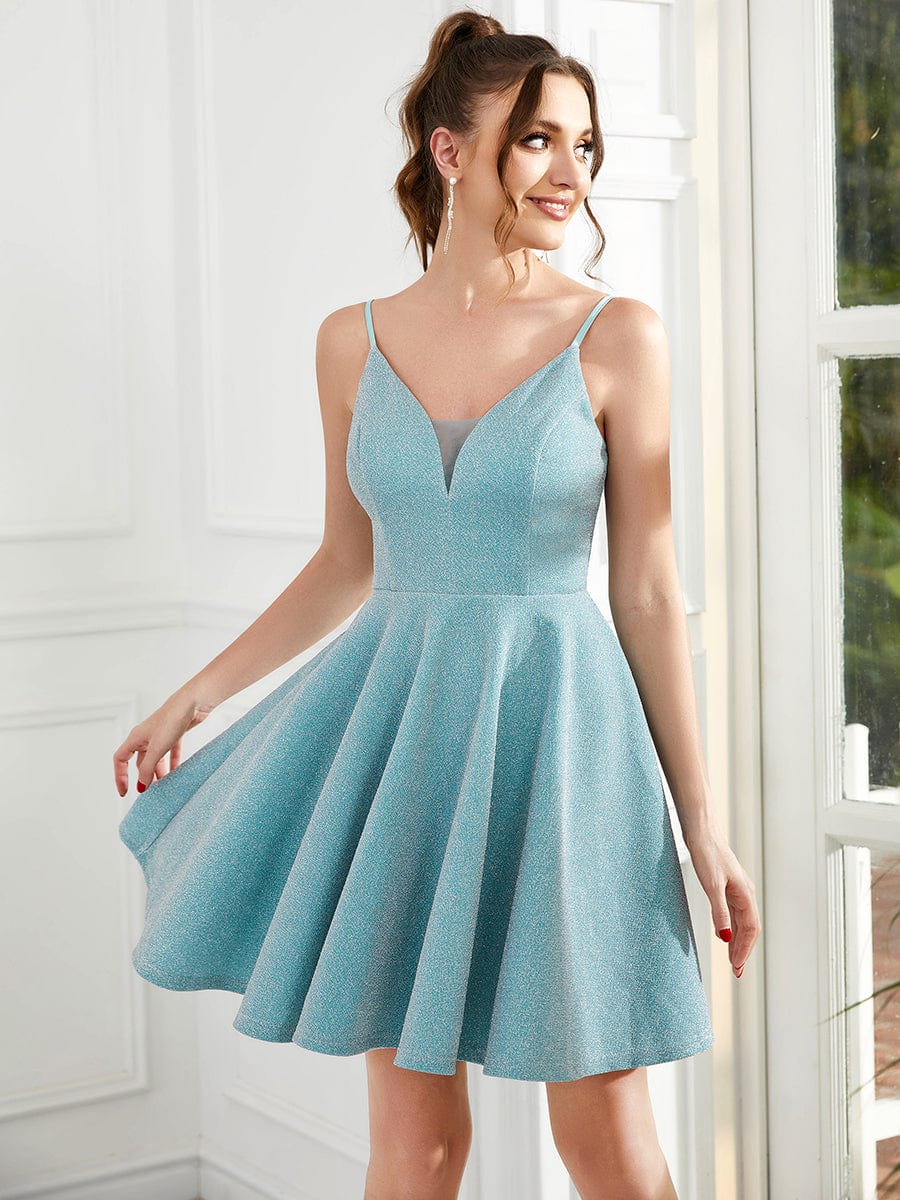 Fancy Shiny Deep V Neck Above Knee Length Prom Dress #color_Dusty Blue