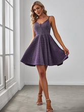 Fancy Shiny Deep V Neck Above Knee Length Prom Dress #color_Dark Purple