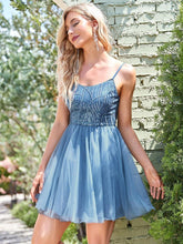 Semi Sweetheart Spaghetti Strap Paillette Short Tulle Prom Dress #color_Dusty Navy