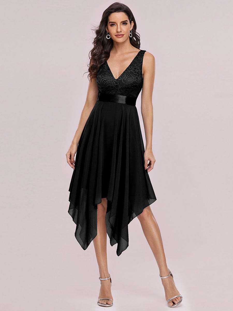 Cute V Neck Lace & Chiffon Prom Dress #color_Black