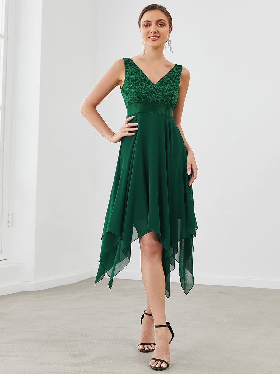 Cute V Neck Lace & Chiffon Prom Dress #color_Dark Green