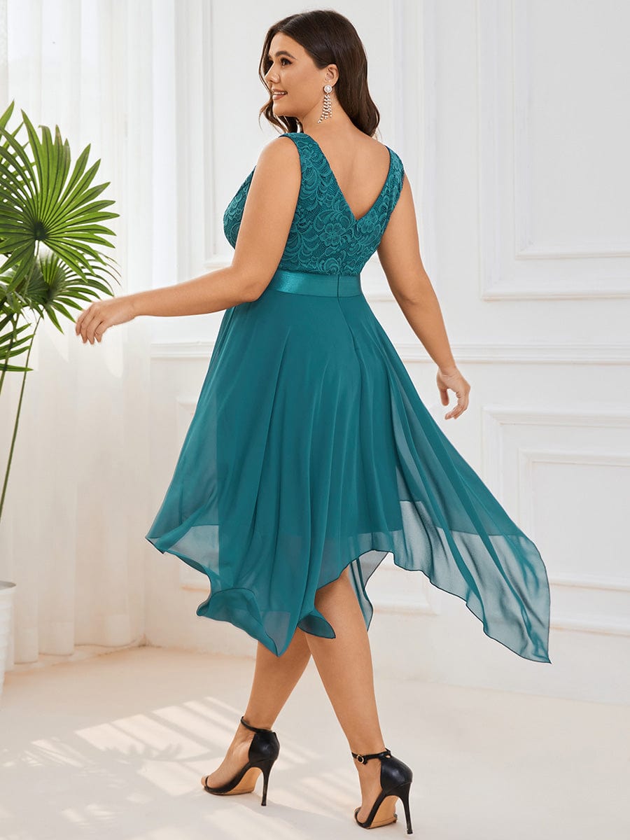 Plus Size Stunning V Neck Lace & Chiffon Prom Dress for Women #color_Teal