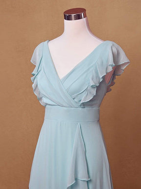 Ruffled V-neck Cap Sleeve Floor Length Bridesmaid Dress