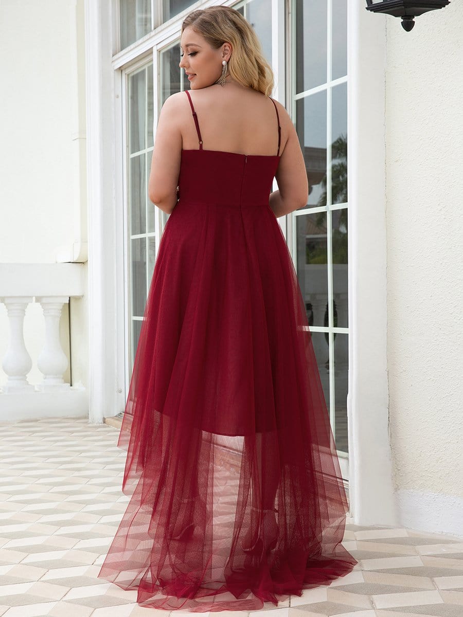 Plus Size Stylish High-Low Tulle Prom Dress with Beaded Belt