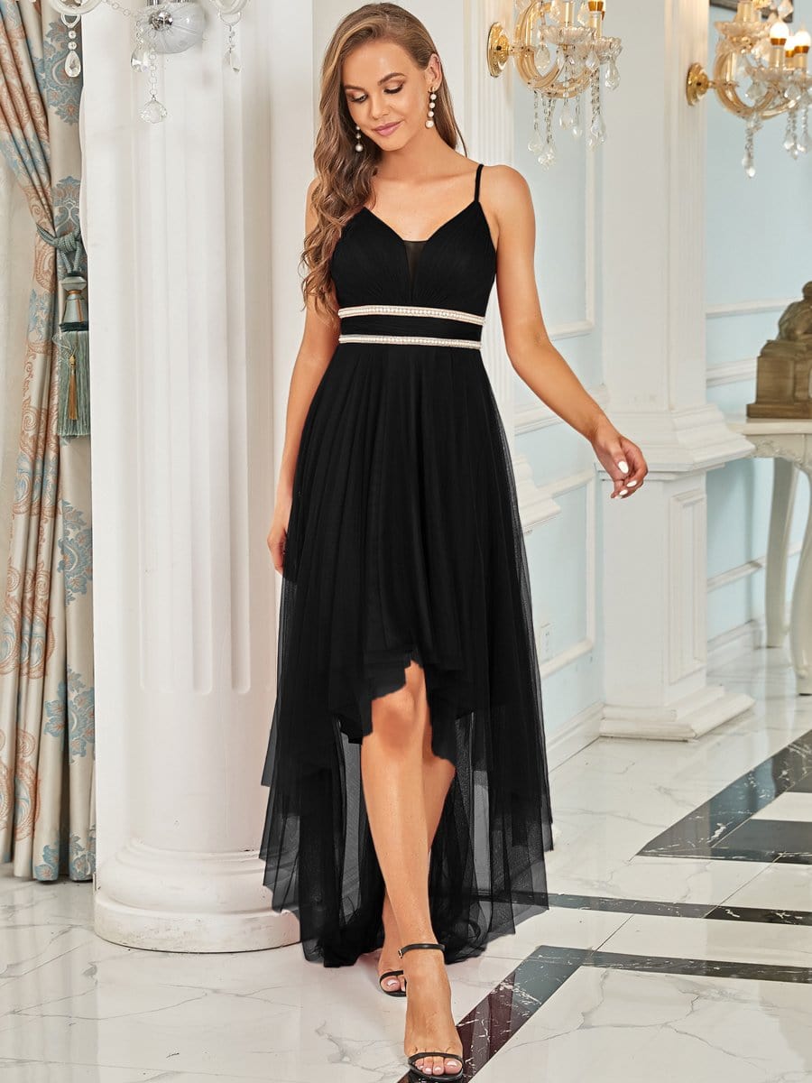 Stylish High-Low Tulle Prom Dress with Beaded Belt #color_Black