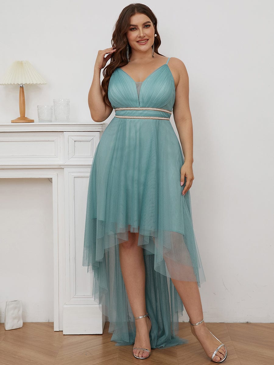 Plus Size Stylish High-Low Tulle Prom Dress with Beaded Belt #color_Dusty Blue