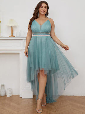 Plus Size Stylish High-Low Tulle Prom Dress with Beaded Belt