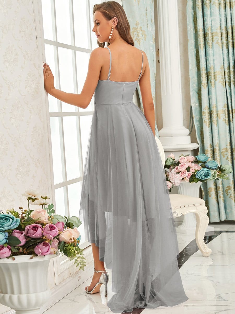 Stylish High-Low Tulle Prom Dress with Beaded Belt #color_Grey
