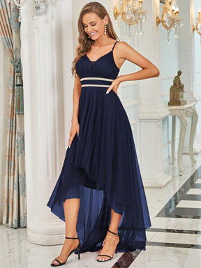 Stylish High-Low Tulle Prom Dress with Beaded Belt