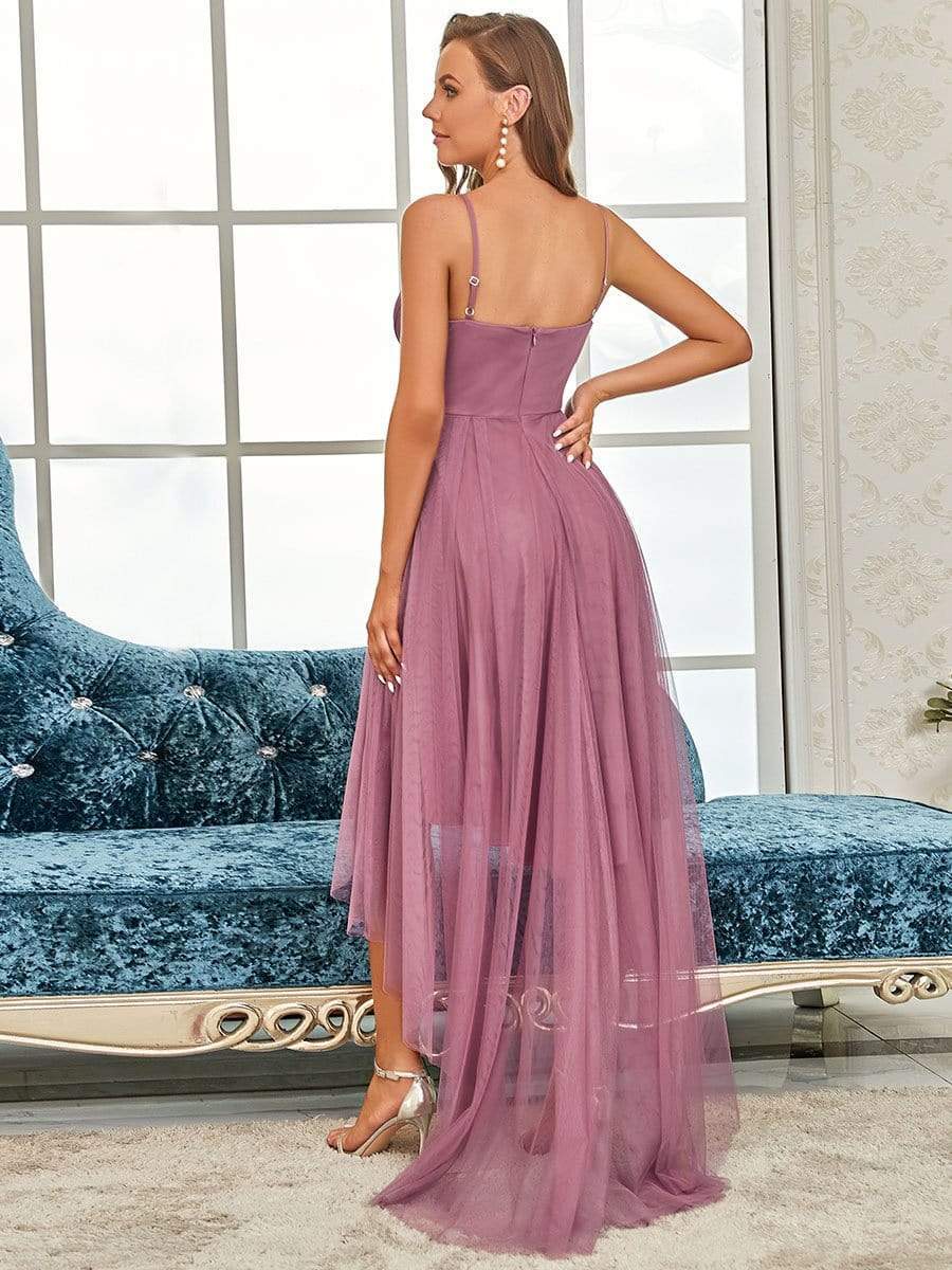 Stylish High-Low Tulle Prom Dress with Beaded Belt #color_Purple Orchid