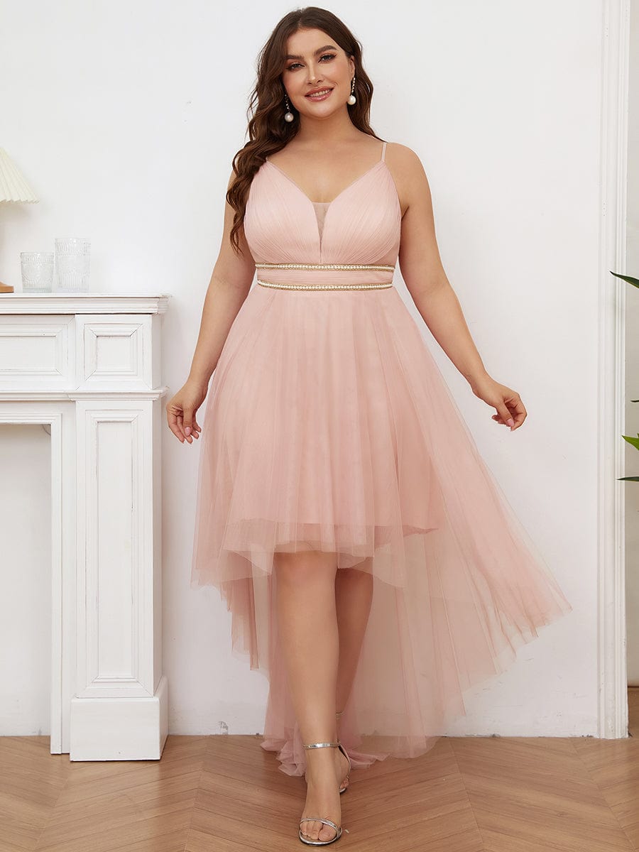 Plus Size Stylish High-Low Tulle Prom Dress with Beaded Belt #color_Pink
