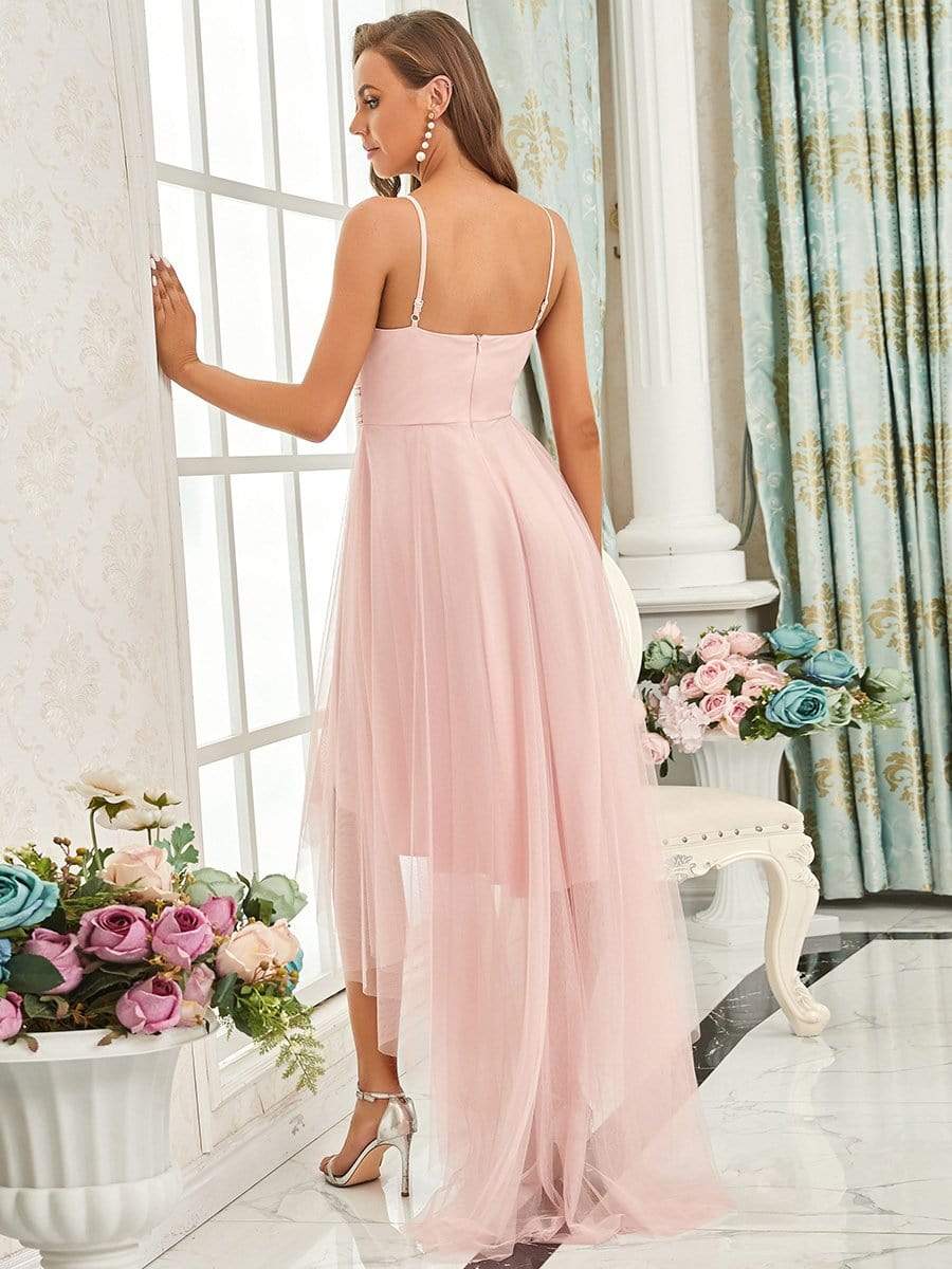 Stylish High-Low Tulle Prom Dress with Beaded Belt #color_Pink