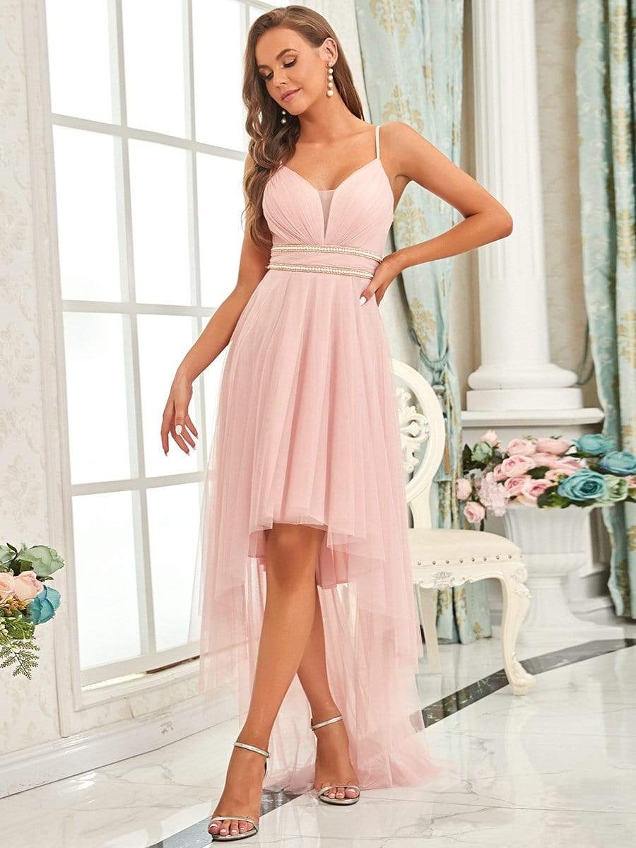 Stylish High-Low Tulle Prom Dress with Beaded Belt #color_Pink