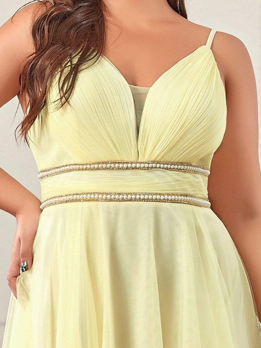 Plus Size Stylish High-Low Tulle Prom Dress with Beaded Belt