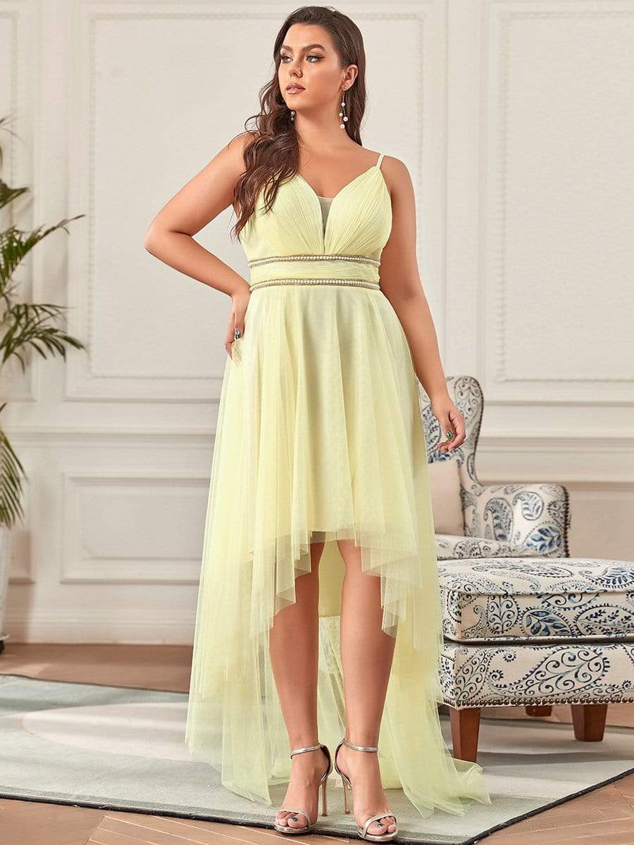 Plus Size Stylish High-Low Tulle Prom Dress with Beaded Belt