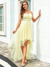 Stylish High-Low Tulle Prom Dress with Beaded Belt #color_Yellow