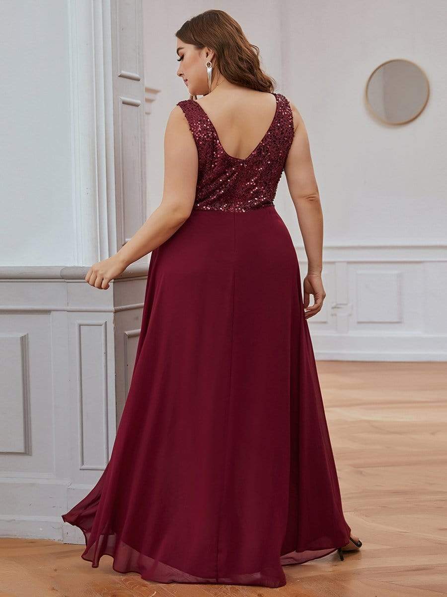 Elegant Paillette & Chiffon V-neck A-line Sleeveless Plus Size Evening Dresses #color_Burgundy