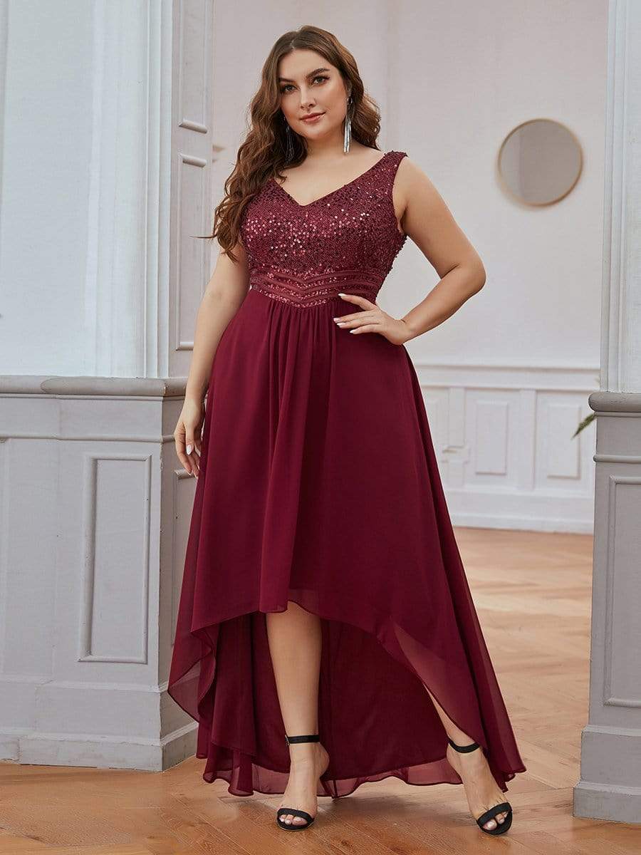 Elegant Paillette & Chiffon V-neck A-line Sleeveless Plus Size Evening Dresses #color_Burgundy