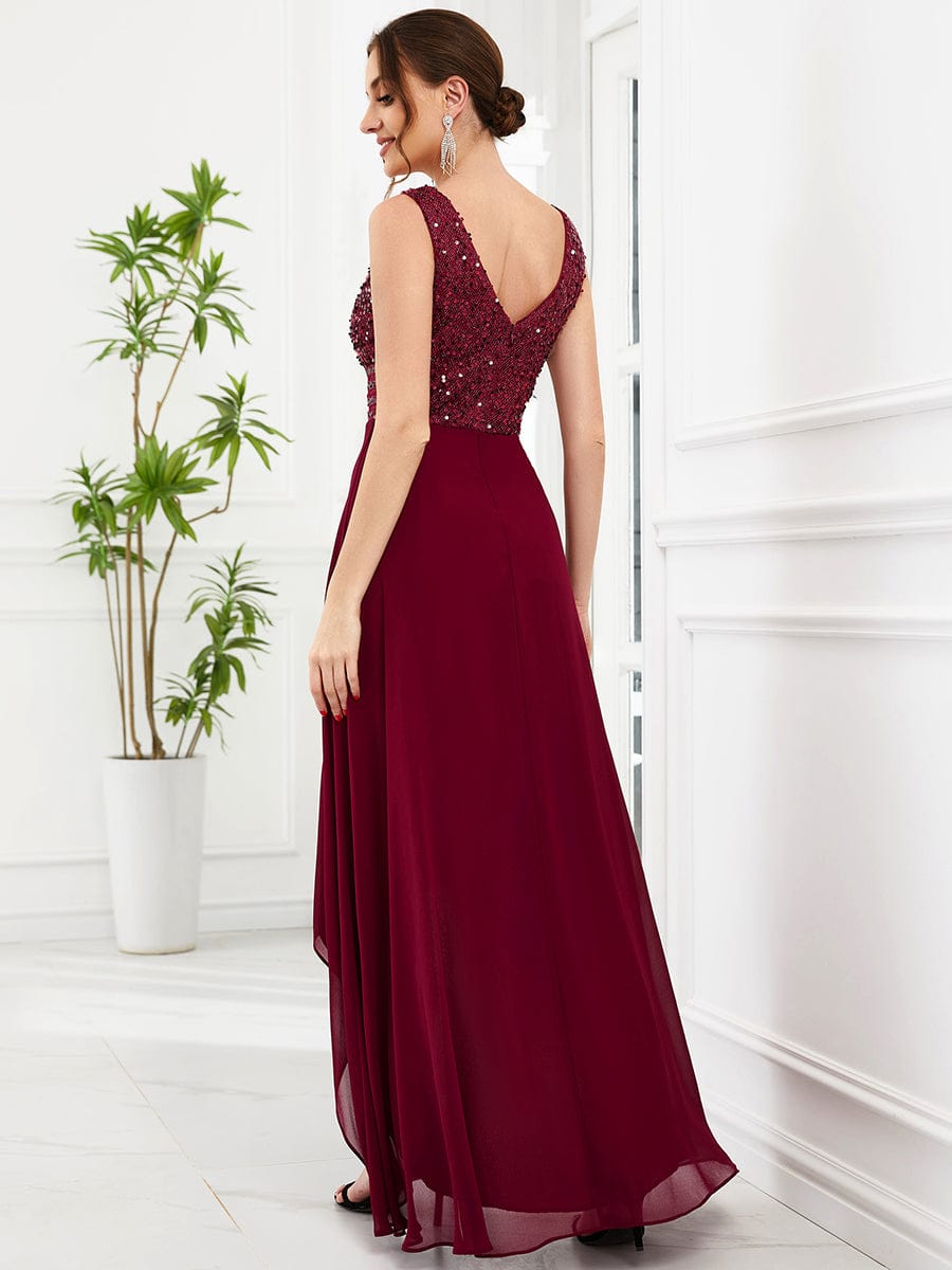 Sexy High-Low Maxi Chiffon Evening Dresses with Sequin #color_Burgundy