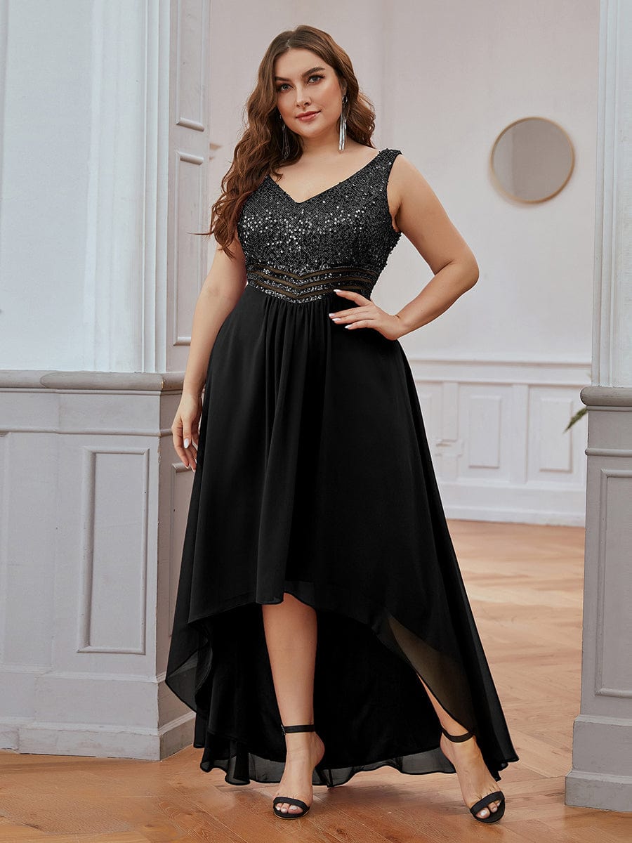 Elegant Paillette & Chiffon V-neck A-line Sleeveless Plus Size Evening Dresses #color_Black