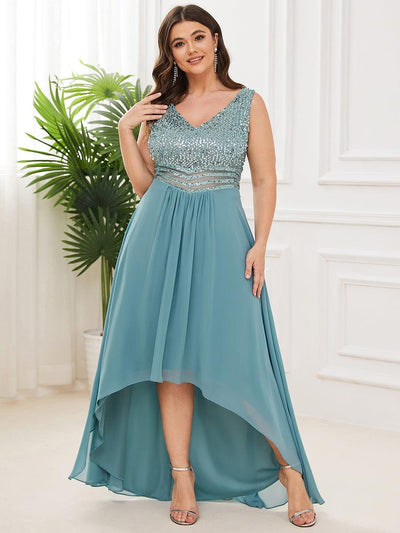 Elegant Paillette & Chiffon V-neck A-line Sleeveless Plus Size Evening Dresses #color_Light Teal