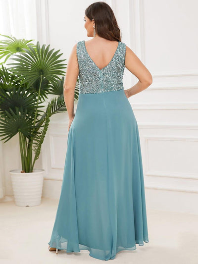Elegant Paillette & Chiffon V-neck A-line Sleeveless Plus Size Evening Dresses #color_Light Teal