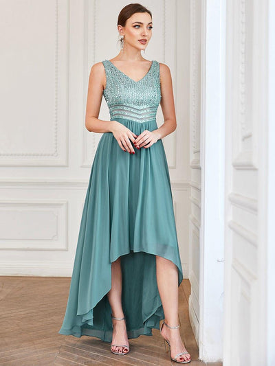 Sexy High-Low Maxi Chiffon Evening Dresses with Sequin #color_Light Teal