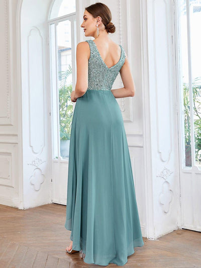 Sexy High-Low Maxi Chiffon Evening Dresses with Sequin #color_Light Teal