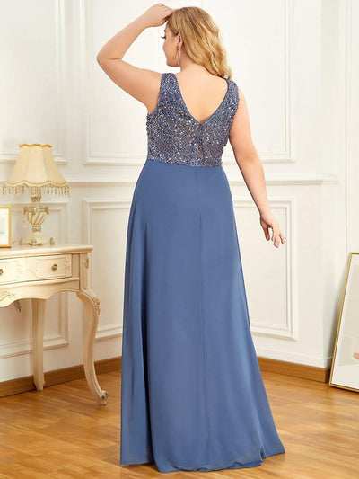 Elegant Paillette & Chiffon V-neck A-line Sleeveless Plus Size Evening Dresses #color_Dusty Blue