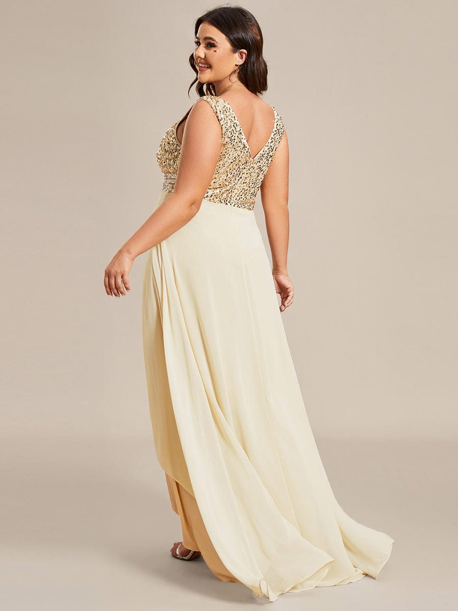 Elegant Paillette & Chiffon V-neck A-line Sleeveless Plus Size Evening Dresses #color_Gold