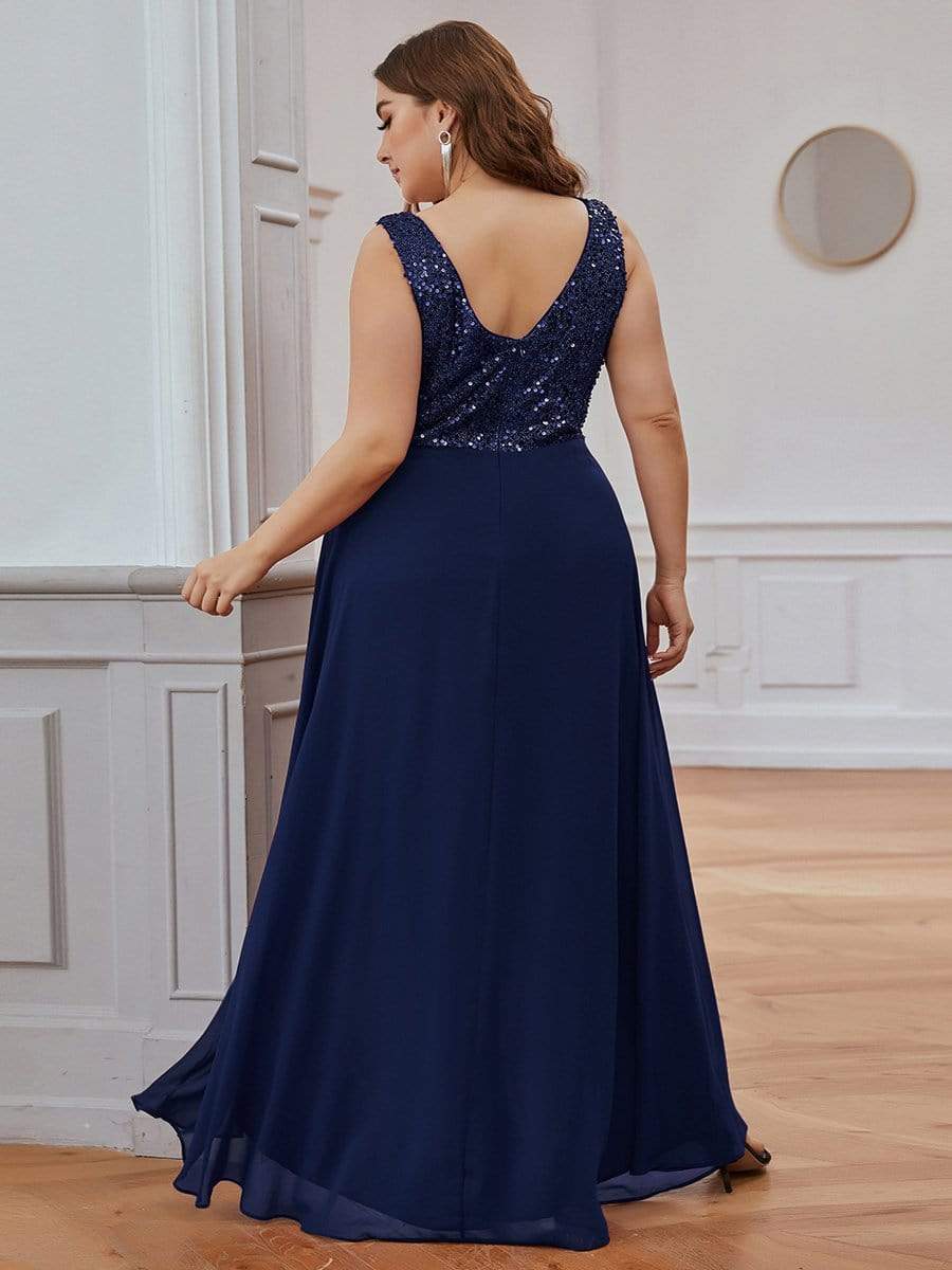 Elegant Paillette & Chiffon V-neck A-line Sleeveless Plus Size Evening Dresses