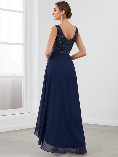 Sexy High-Low Maxi Chiffon Evening Dresses with Sequin #color_Navy Blue