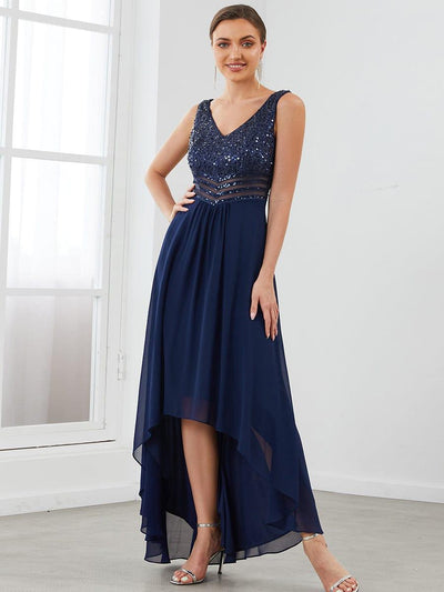 Sexy High-Low Maxi Chiffon Evening Dresses with Sequin #color_Navy Blue