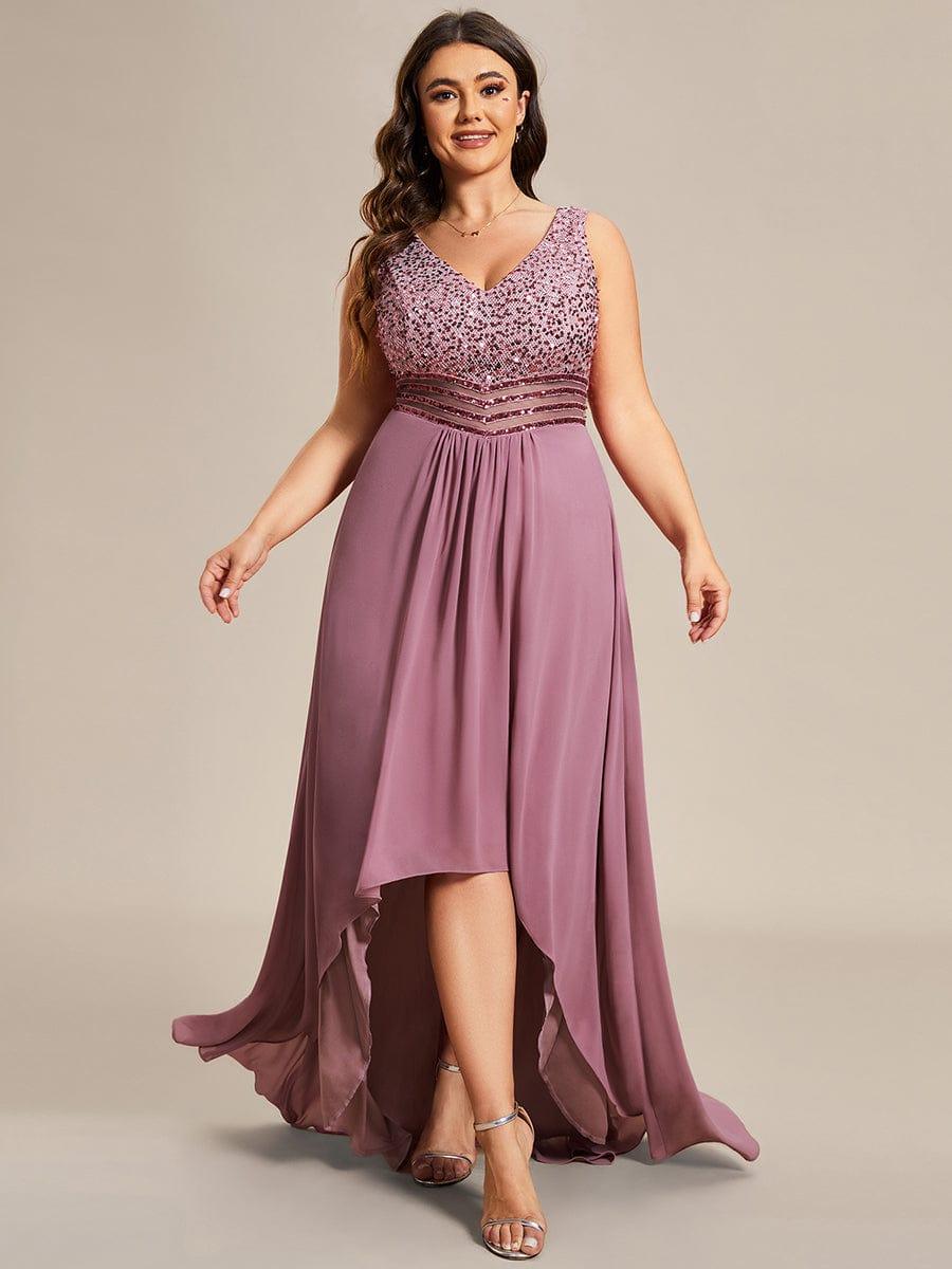 Elegant Paillette & Chiffon V-neck A-line Sleeveless Plus Size Evening Dresses