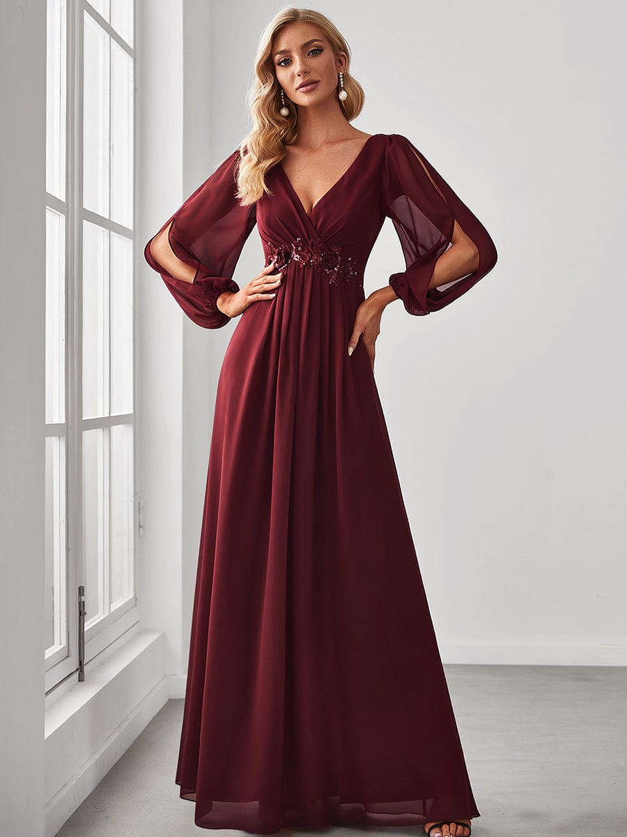 Custom Size Lantern Long Slit Sleeve Deep V Applique Maxi Evening Dress #color_Burgundy