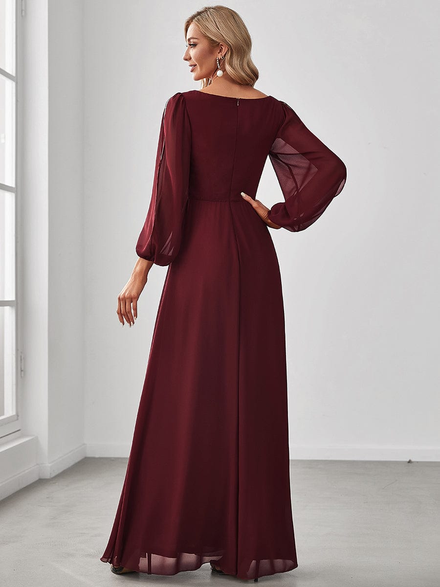 Lantern Long Slit Sleeve Deep V Applique Maxi Evening Dress #color_Burgundy