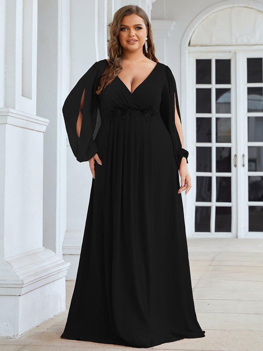 Custom Size Lantern Long Slit Sleeve Deep V Applique Maxi Evening Dress