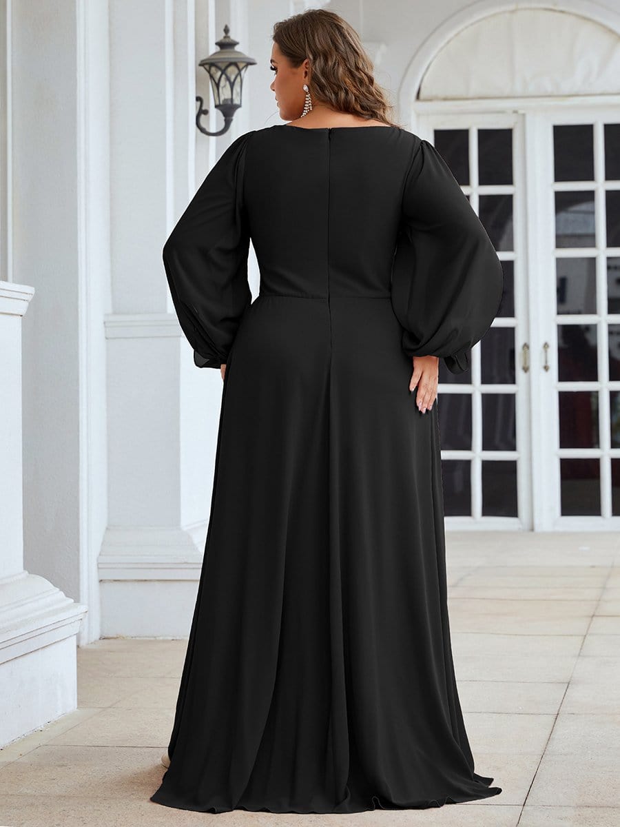 Stylish Chiffon Plus Size Evening Dresses with Long Lantern Sleeves #color_Black